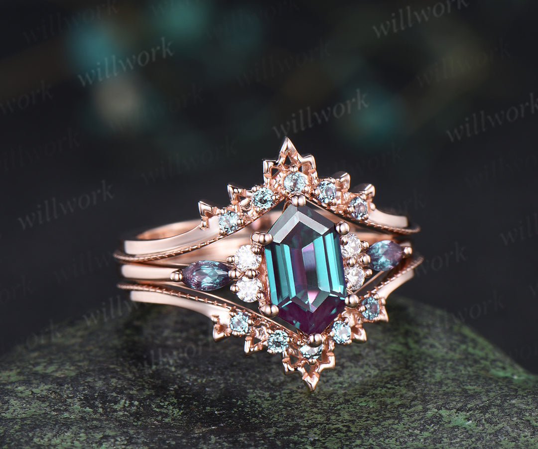 Elongated hexagon alexandrite engagement ring set art deco alexandrite wedding enhancer unique bridal set
