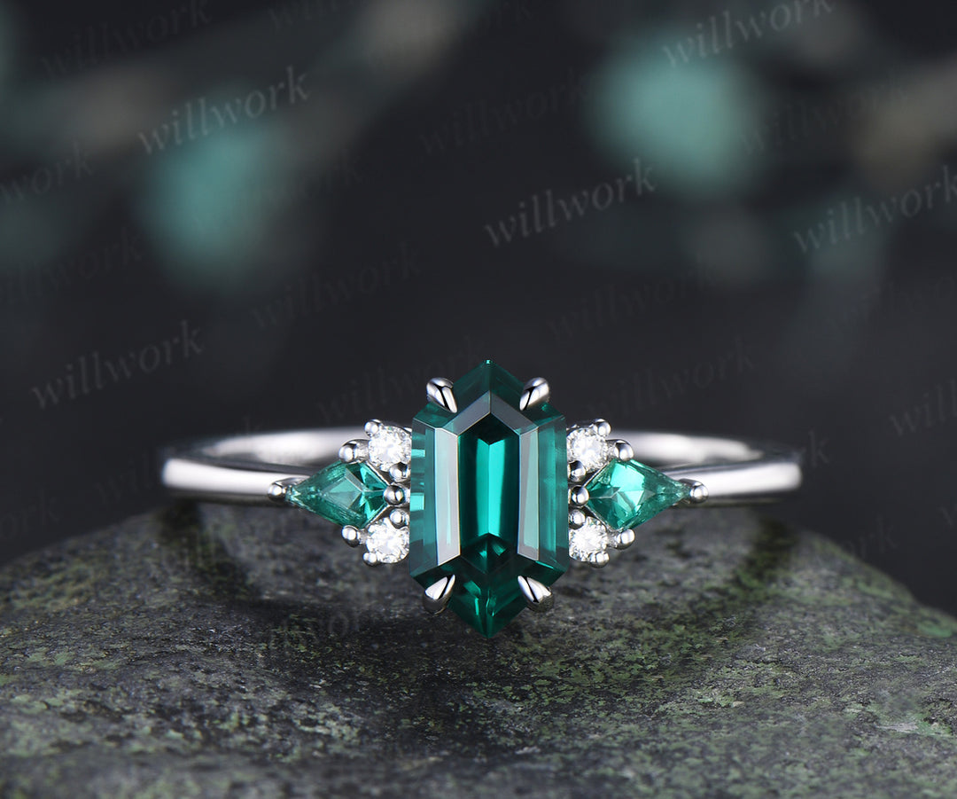 Long hexagon kite cut emerald engagement ring set seven stone promise ring curved black opal emerald band unique bridal set
