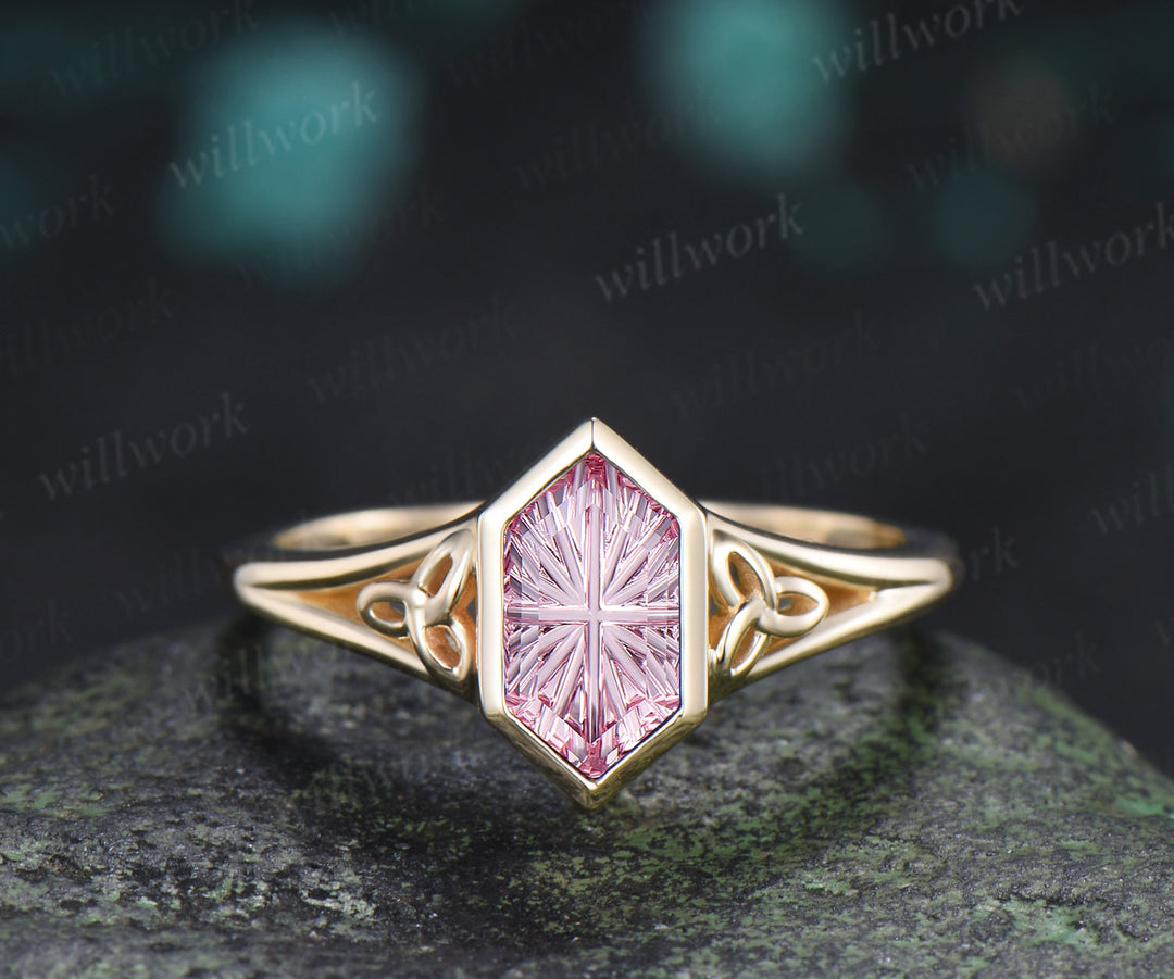 Hexagon Fantasy Cut Padparadscha Engagement Ring Set Celtic Knot Ring Infinity Twisted Moissanite Band Pink Sapphire Bridal Set