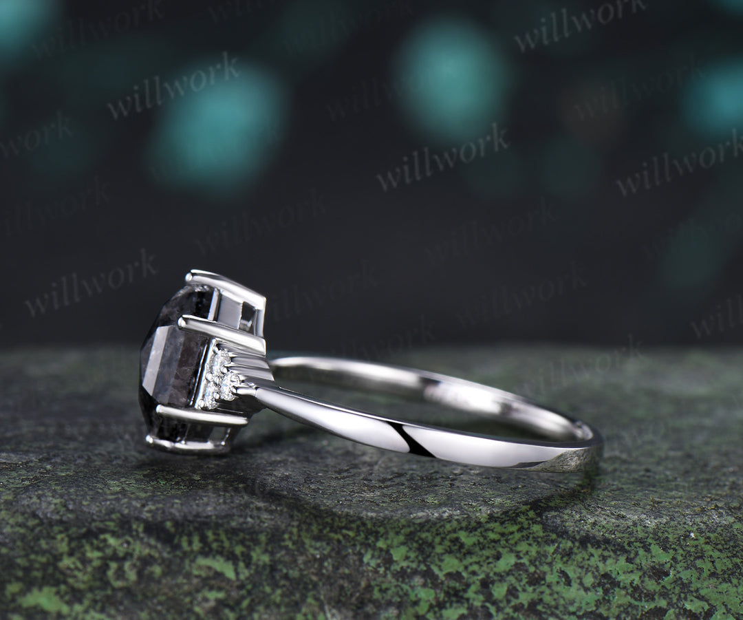 Hexagon Cut Natural Salt Pepper Diamond Engagement Ring Diamond Cluster Seven Stone Wedding Ring