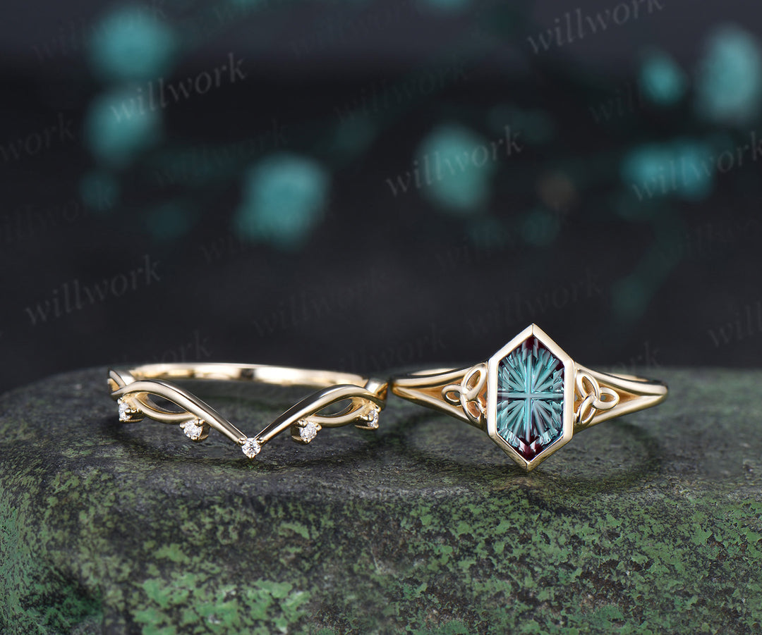 Unique Hexagon Fantasy Cut Alexandrite Engagement Ring Set Bezel Celtic Knot Ring Curved Infinity Moissanite Band Vintage Bridal Set