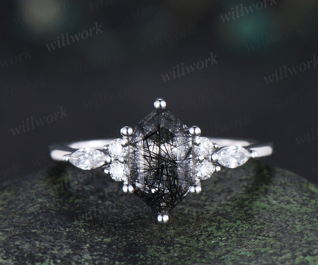 Elongated hexagon cut black rutilated quartz engagement ring set marquise moissanite ring curved wedding band bridal set