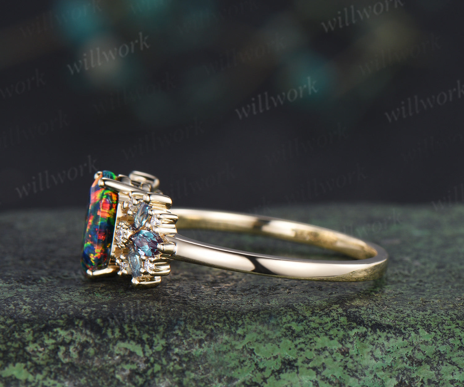 Unique hexagon cut black fire opal engagement ring milgrain