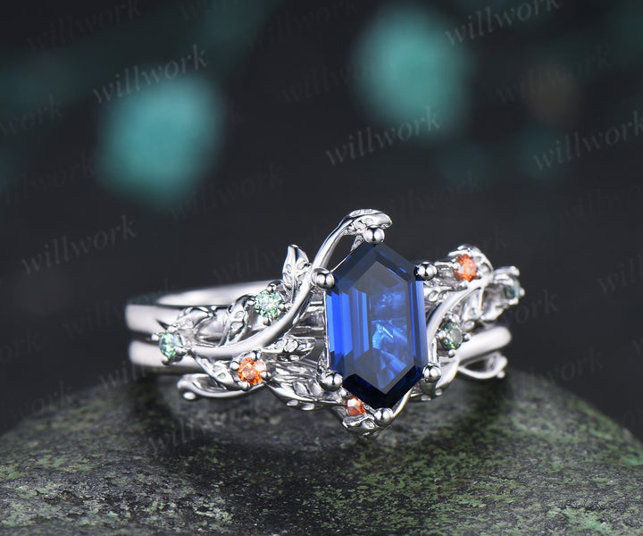 Hexagon Cut Sapphire Leaf Twig Engagement Ring Green Orange Moissanite Accent Unique Nature Inspired Bridal Set