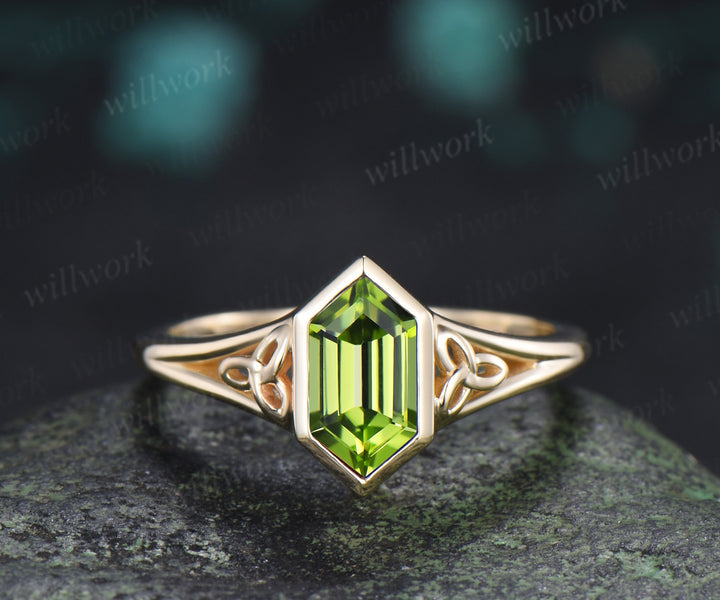 Hexagon Cut Peridot Engagement Ring Set Celtic Knot Ring Infinity Twisted Moissanite Band August Birthstone Bridal Set