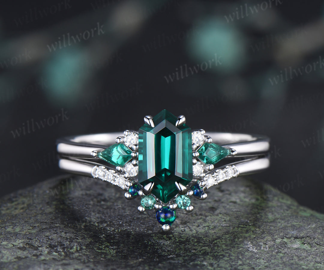 Long hexagon kite cut emerald engagement ring set seven stone promise ring curved black opal emerald band unique bridal set