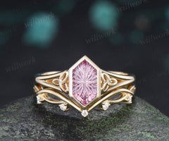Hexagon Fantasy Cut Padparadscha Engagement Ring Set Celtic Knot Ring Infinity Twisted Moissanite Band Pink Sapphire Bridal Set