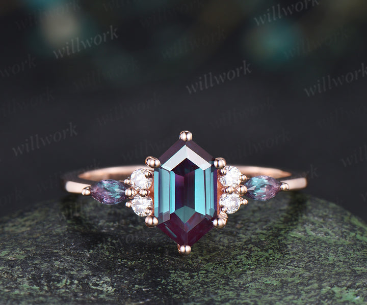 Elongated hexagon alexandrite engagement ring set art deco alexandrite wedding enhancer unique bridal set