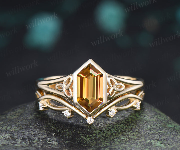 Hexagon Cut Citrine Engagement Ring Set Celtic Knot Ring Infinity Twisted Moissanite Band November Birthstone Bridal Set
