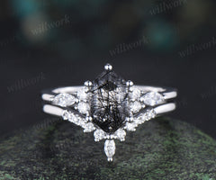 Elongated hexagon cut black rutilated quartz engagement ring set marquise moissanite ring curved wedding band bridal set