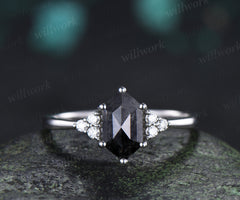 Hexagon Cut Natural Salt Pepper Diamond Engagement Ring Diamond Cluster Seven Stone Wedding Ring