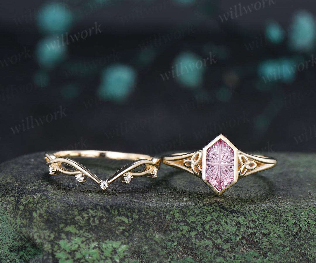 Hexagon Fantasy Cut Padparadscha Engagement Ring Set Celtic Knot Ring Infinity Twisted Moissanite Band Pink Sapphire Bridal Set