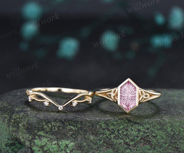 Hexagon Fantasy Cut Padparadscha Engagement Ring Set Celtic Knot Ring Infinity Twisted Moissanite Band Pink Sapphire Bridal Set