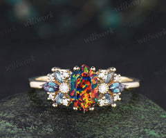 Unique hexagon cut black fire opal engagement ring milgrain moissanite marquise alexandrite cluster ring wedding bridal gifts