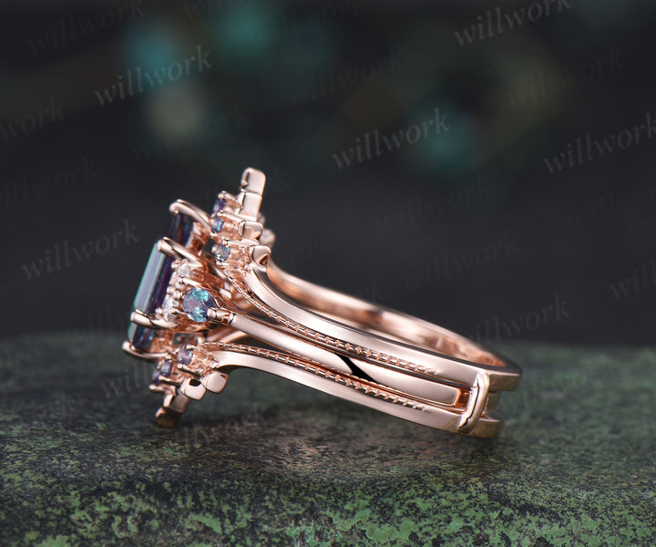 Elongated hexagon alexandrite engagement ring set art deco alexandrite wedding enhancer unique bridal set