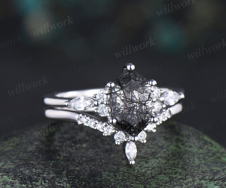 Elongated hexagon cut black rutilated quartz engagement ring set marquise moissanite ring curved wedding band bridal set