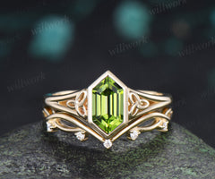 Hexagon Cut Peridot Engagement Ring Set Celtic Knot Ring Infinity Twisted Moissanite Band August Birthstone Bridal Set