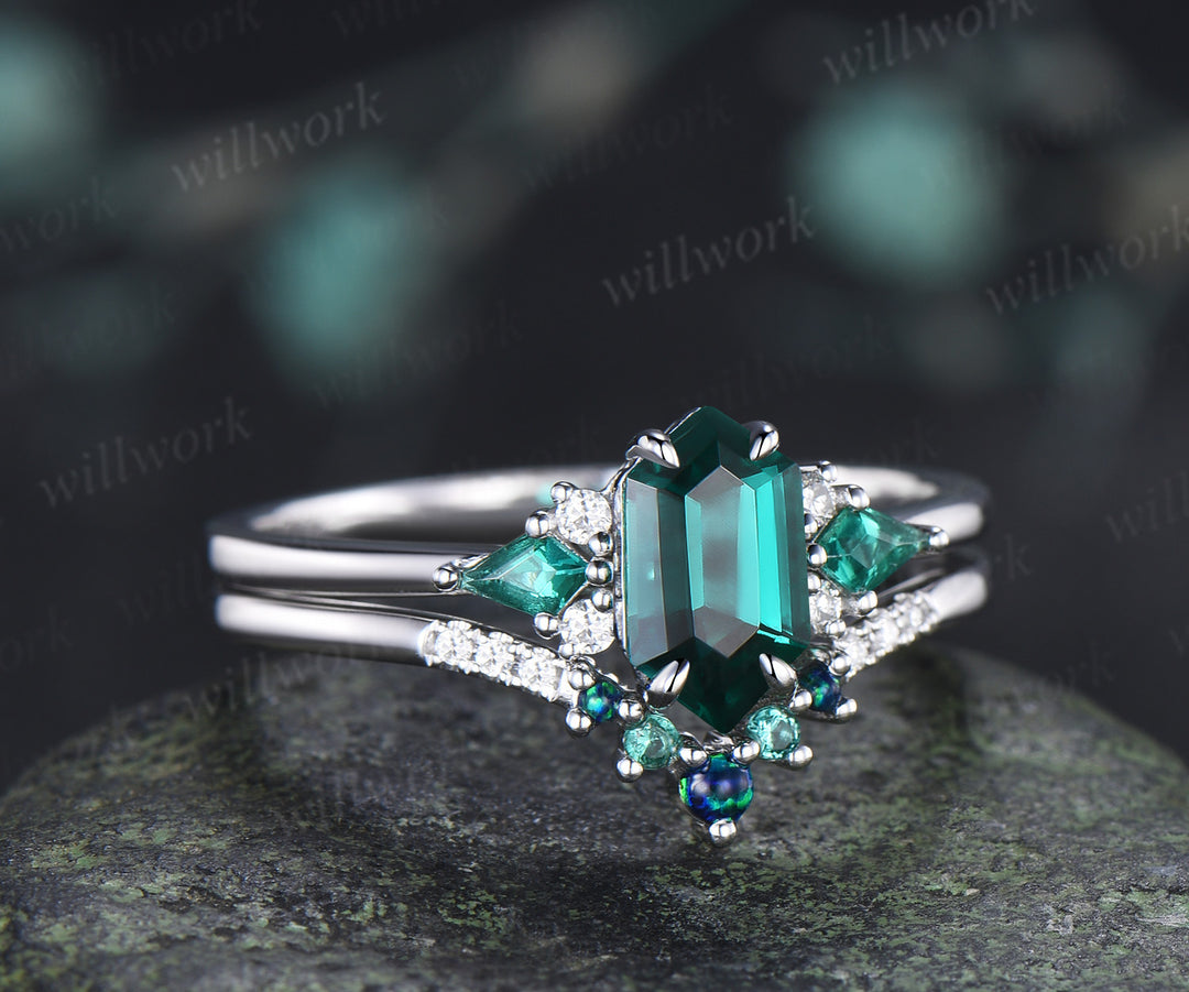 Long hexagon kite cut emerald engagement ring set seven stone promise ring curved black opal emerald band unique bridal set