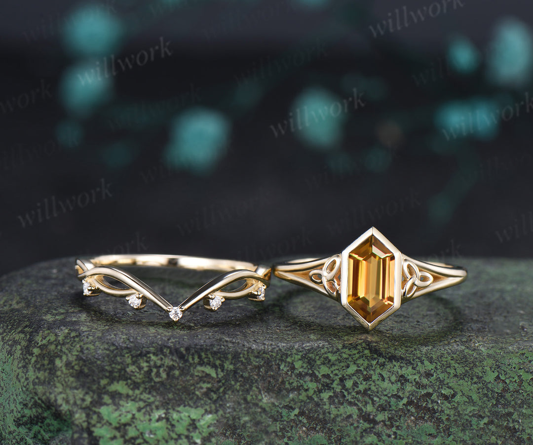 Hexagon Cut Citrine Engagement Ring Set Celtic Knot Ring Infinity Twisted Moissanite Band November Birthstone Bridal Set