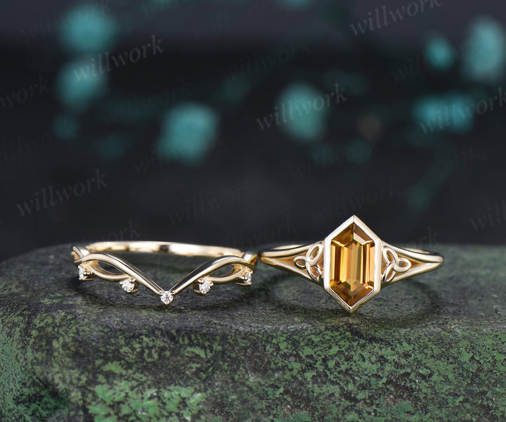 Hexagon Cut Citrine Engagement Ring Set Celtic Knot Ring Infinity Twisted Moissanite Band November Birthstone Bridal Set