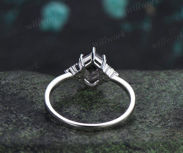 Hexagon Cut Natural Salt Pepper Diamond Engagement Ring Diamond Cluster Seven Stone Wedding Ring