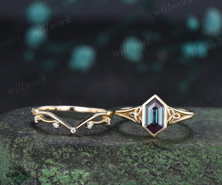 Hexagon Cut Citrine Engagement Ring Set Celtic Knot Ring Infinity Twisted Moissanite Band November Birthstone Bridal Set (Copy)