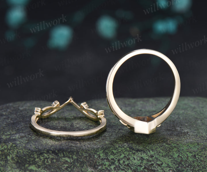 Unique Hexagon Fantasy Cut Alexandrite Engagement Ring Set Bezel Celtic Knot Ring Curved Infinity Moissanite Band Vintage Bridal Set
