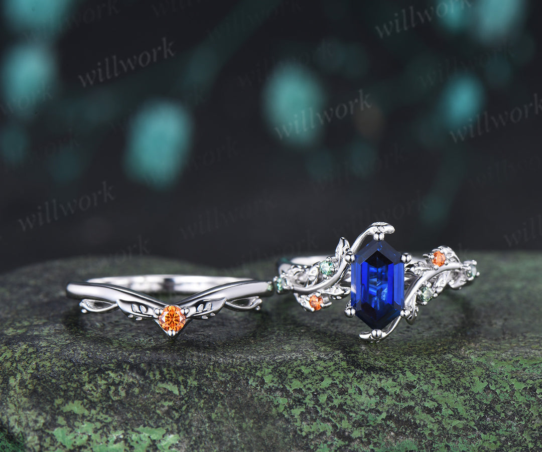 Hexagon Cut Sapphire Leaf Twig Engagement Ring Green Orange Moissanite Accent Unique Nature Inspired Bridal Set