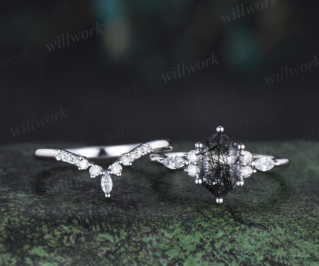 Elongated hexagon cut black rutilated quartz engagement ring set marquise moissanite ring curved wedding band bridal set