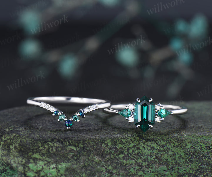 Long hexagon kite cut emerald engagement ring set seven stone promise ring curved black opal emerald band unique bridal set