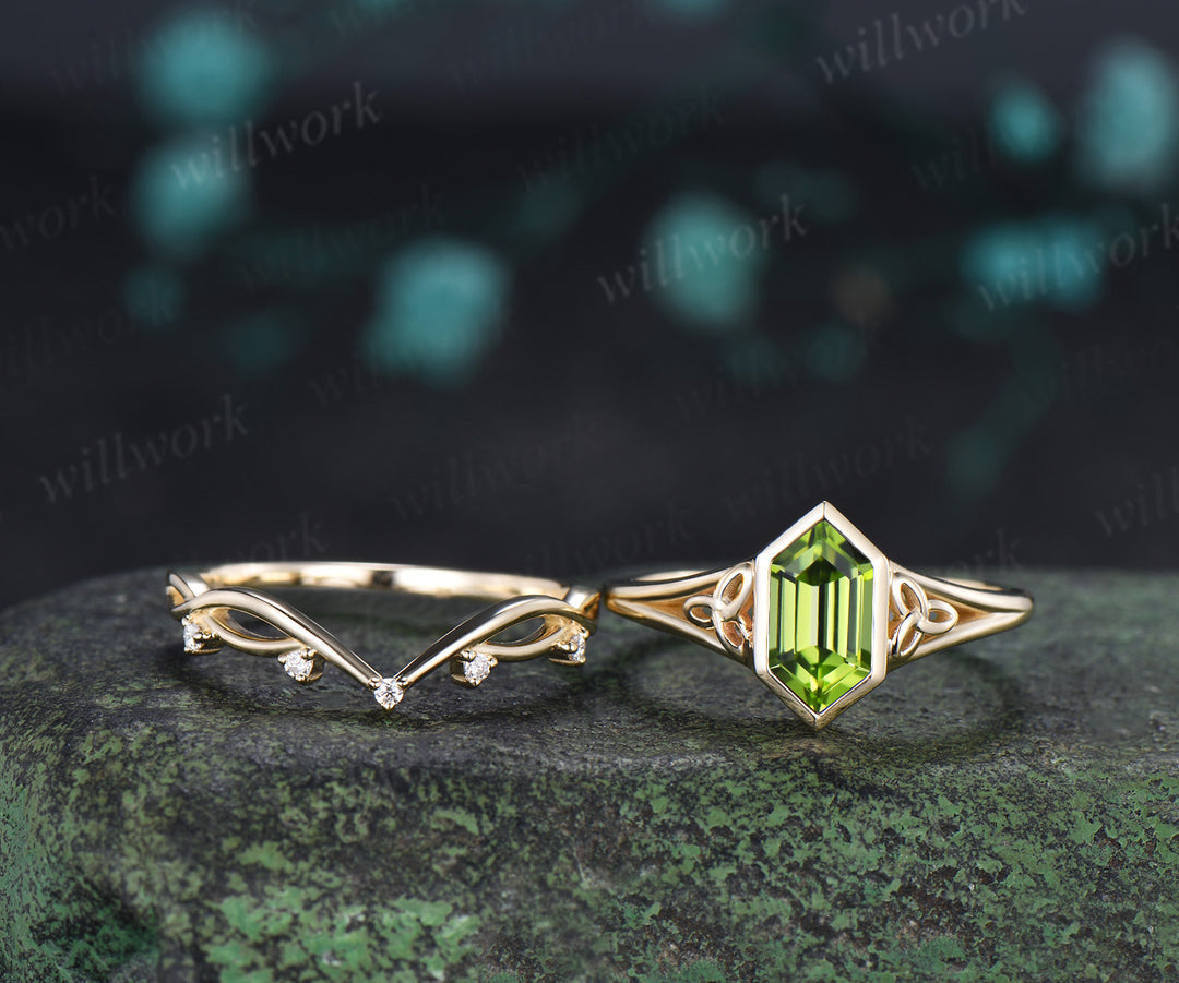 Hexagon Cut Peridot Engagement Ring Set Celtic Knot Ring Infinity Twisted Moissanite Band August Birthstone Bridal Set