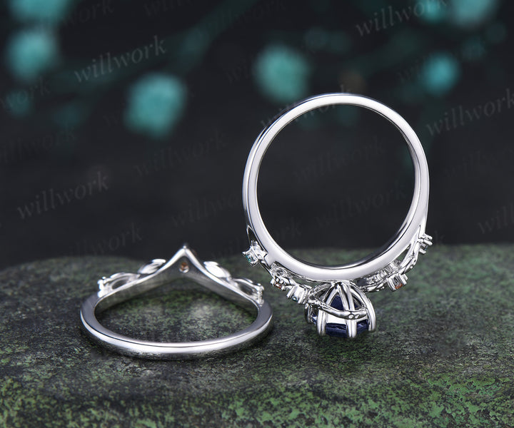Hexagon Cut Sapphire Leaf Twig Engagement Ring Green Orange Moissanite Accent Unique Nature Inspired Bridal Set