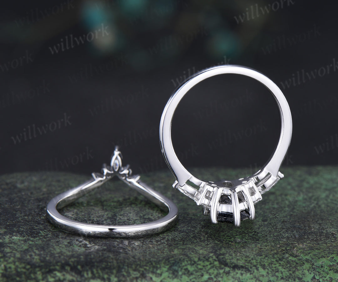 Elongated hexagon cut black rutilated quartz engagement ring set marquise moissanite ring curved wedding band bridal set