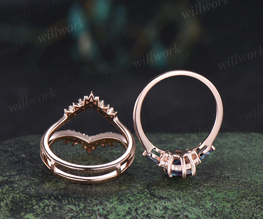 Elongated hexagon alexandrite engagement ring set art deco alexandrite wedding enhancer unique bridal set