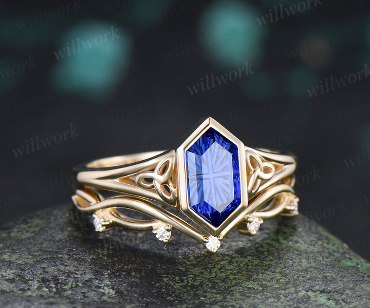 Vintage Hexagon Fantasy Cut Sapphire Engagement Ring Set Bezel Celtic Knot Ring Infinity Moissanite Band Blue Gemstone Bridal Set