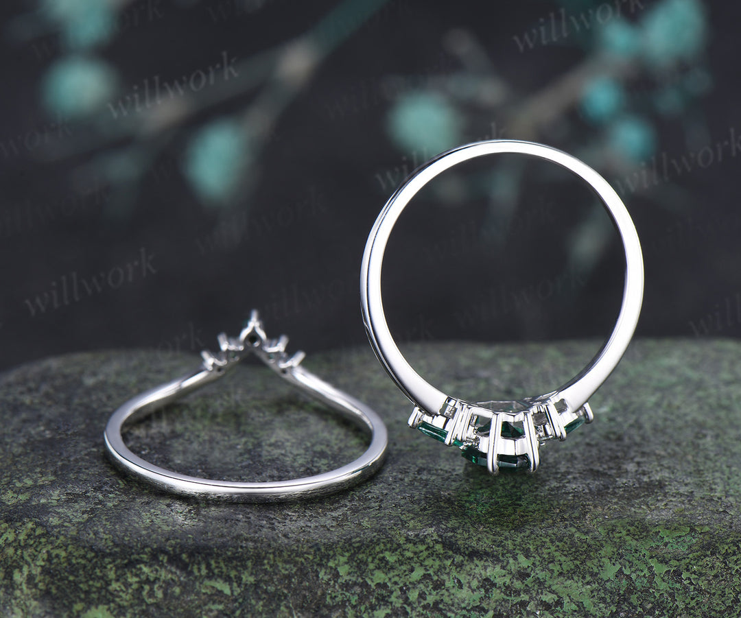 Long hexagon kite cut emerald engagement ring set seven stone promise ring curved black opal emerald band unique bridal set