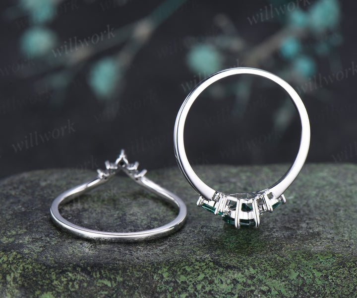 Long hexagon kite cut emerald engagement ring set seven stone promise ring curved black opal emerald band unique bridal set