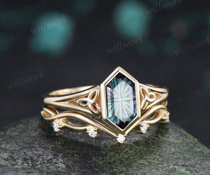 Unique Hexagon Fantasy Cut Alexandrite Engagement Ring Set Bezel Celtic Knot Ring Curved Infinity Moissanite Band Vintage Bridal Set