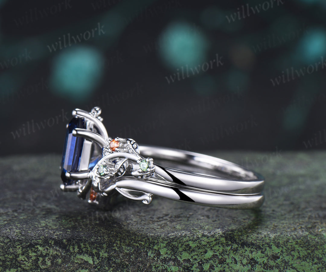 Hexagon Cut Sapphire Leaf Twig Engagement Ring Green Orange Moissanite Accent Unique Nature Inspired Bridal Set