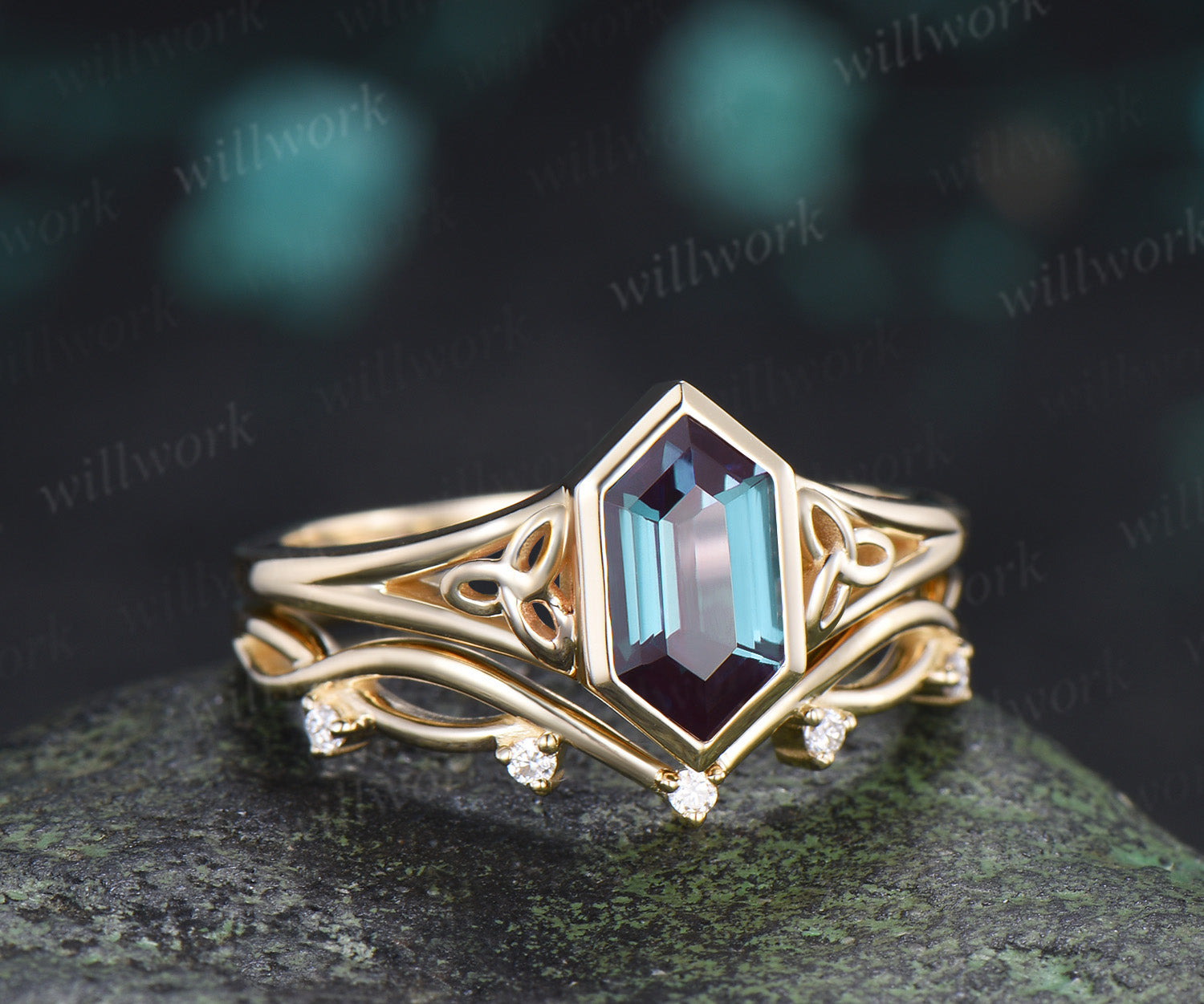 Hexagon Cut Citrine Engagement Ring Set Celtic Knot Ring Infinity