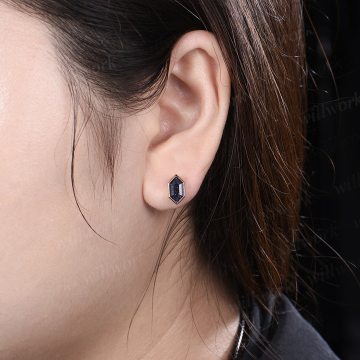 Minimalist hexagon cut blue sandstone earrings bezel Galaxy sandstone stud earrings unique birthday graduation anniversary gift
