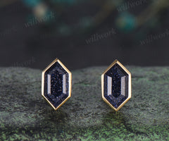 Minimalist hexagon cut blue sandstone earrings bezel Galaxy sandstone stud earrings unique birthday graduation anniversary gift