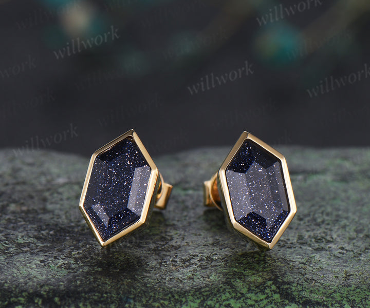 Minimalist hexagon cut blue sandstone earrings bezel Galaxy sandstone stud earrings unique birthday graduation anniversary gift