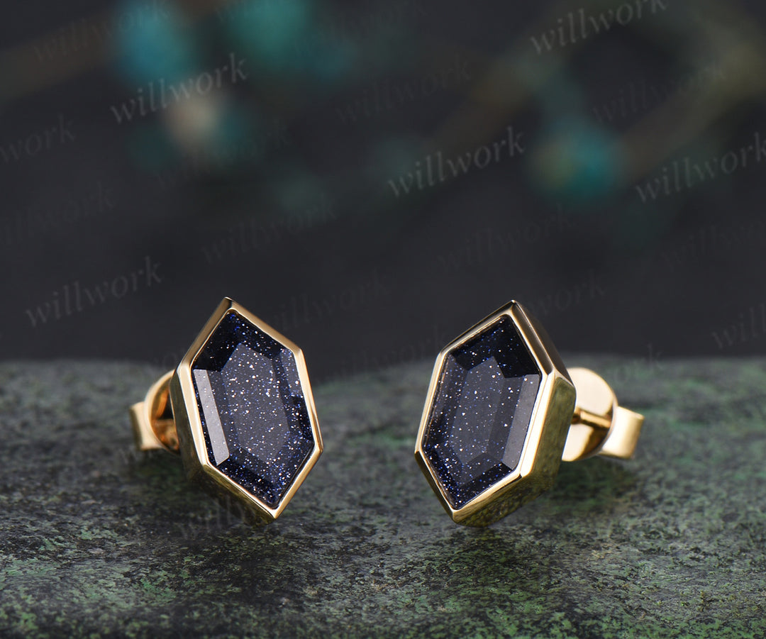 Minimalist hexagon cut blue sandstone earrings bezel Galaxy sandstone stud earrings unique birthday graduation anniversary gift