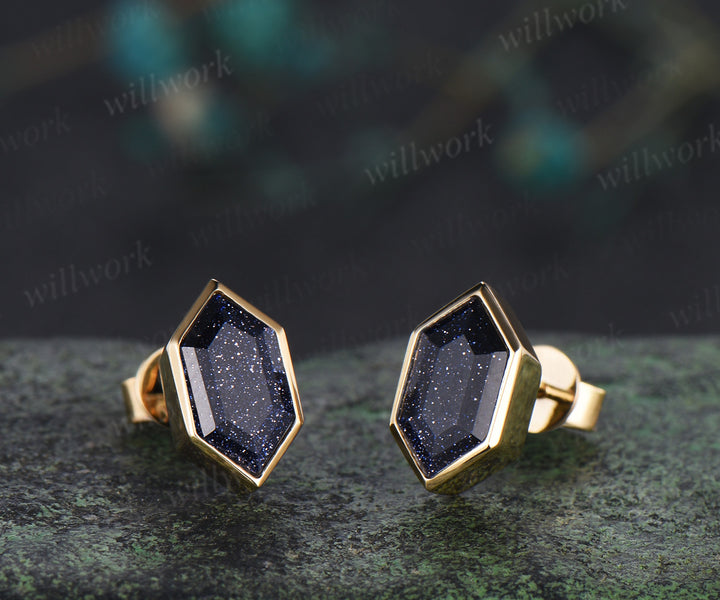 Minimalist hexagon cut blue sandstone earrings bezel Galaxy sandstone stud earrings unique birthday graduation anniversary gift