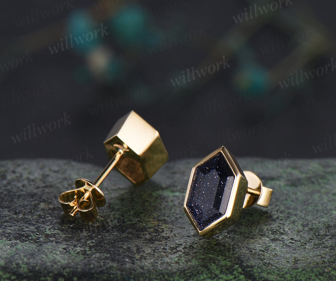 Minimalist hexagon cut blue sandstone earrings bezel Galaxy sandstone stud earrings unique birthday graduation anniversary gift