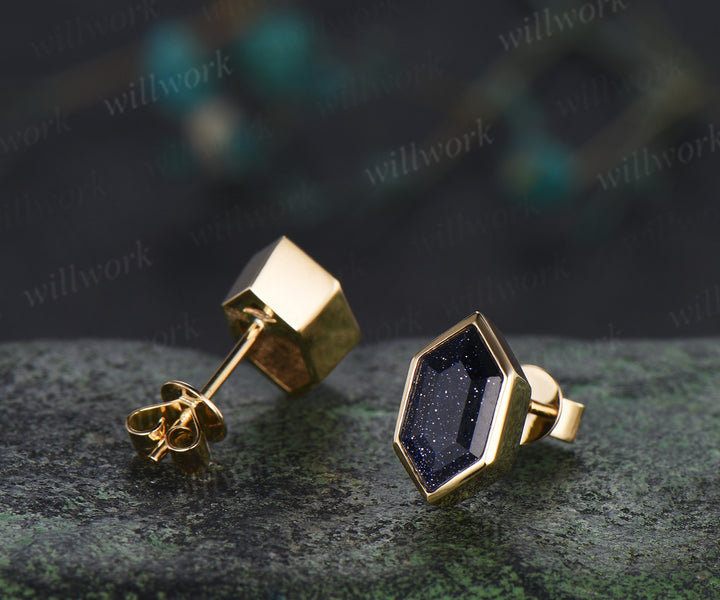 Minimalist hexagon cut blue sandstone earrings bezel Galaxy sandstone stud earrings unique birthday graduation anniversary gift