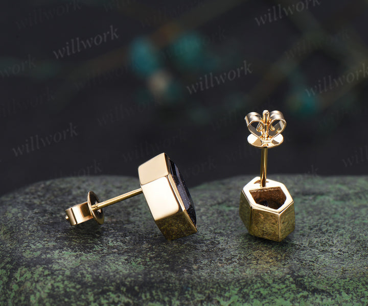 Minimalist hexagon cut blue sandstone earrings bezel Galaxy sandstone stud earrings unique birthday graduation anniversary gift