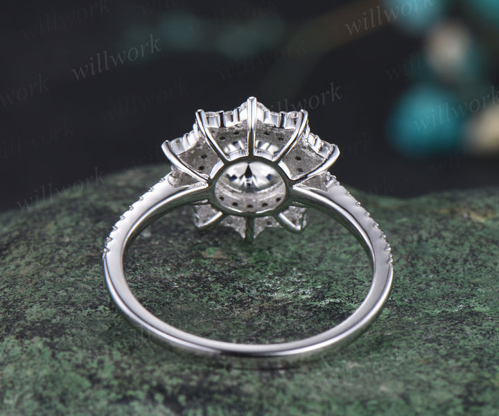 Round Cut Moissanite Engagement Ring Unique Black Diamond Spinel Moissanite Double Halo Wedding Ring Art Deco Half Eternity Bridal Ring