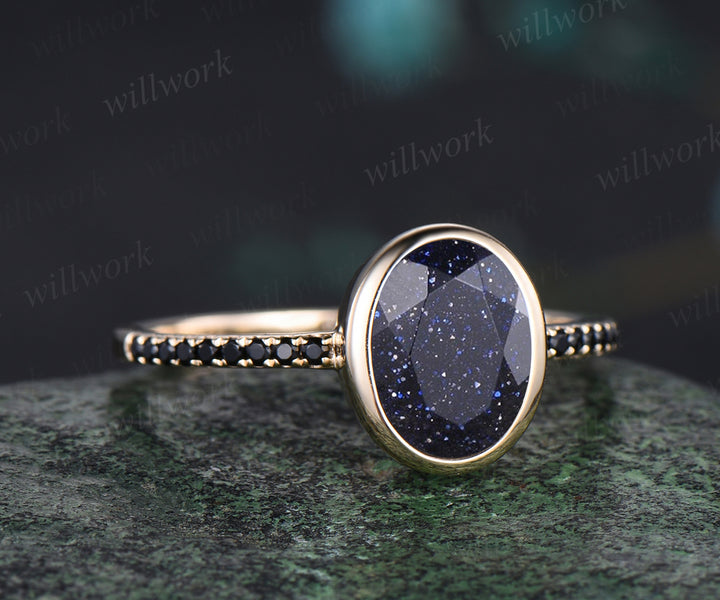 Oval Cut Galaxy Blue Sandstone Engagement Ring Unique Black Spinel Diamond Half Eternity Ring Bezel Set Promise Ring Healing Jewelry